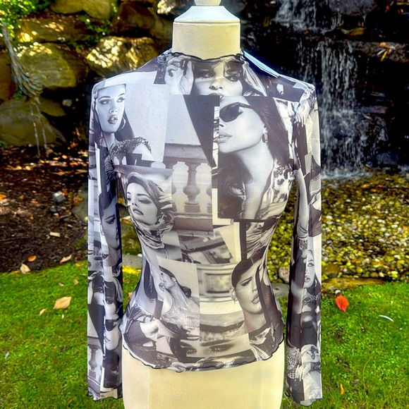 GUESS SHEER BLACK & WHITE MODEL PRINTS  LONG SLEEVE TOP - S - NWT !! 🖤💋🤍🔥 - Picture 2 of 12